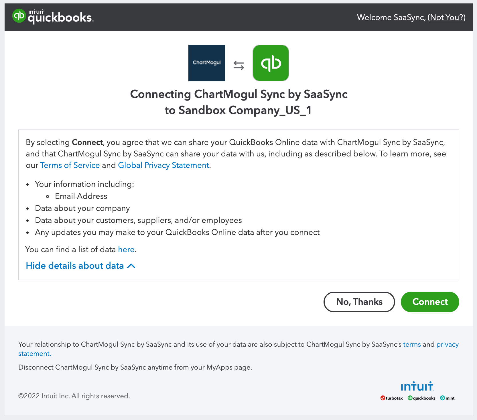 QuickBooks Online OAuth data sharing agreement